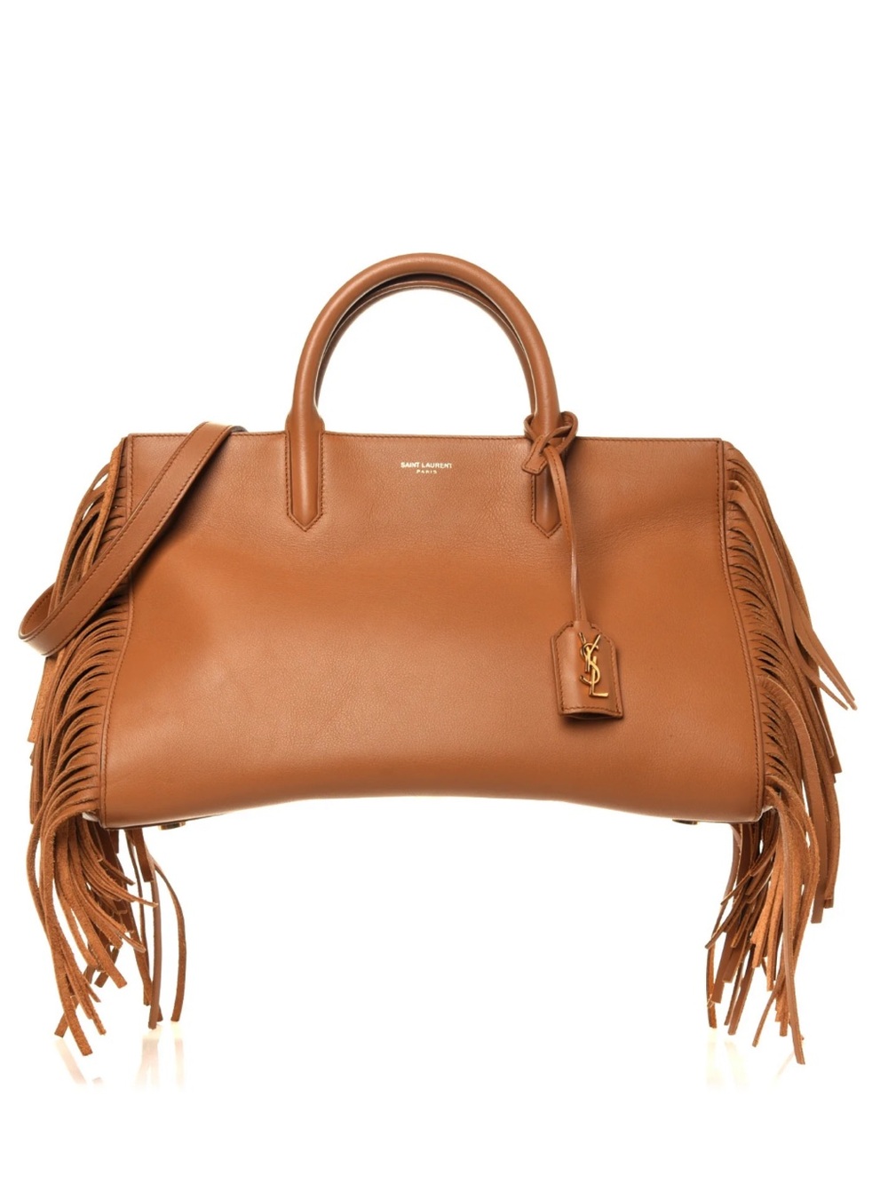 NEW!  SAINT LAURENT Calfskin Small Rive Gauche Fringe Tote Tan